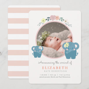 Elephant Pink Floral Girl Photo Birth Announcement