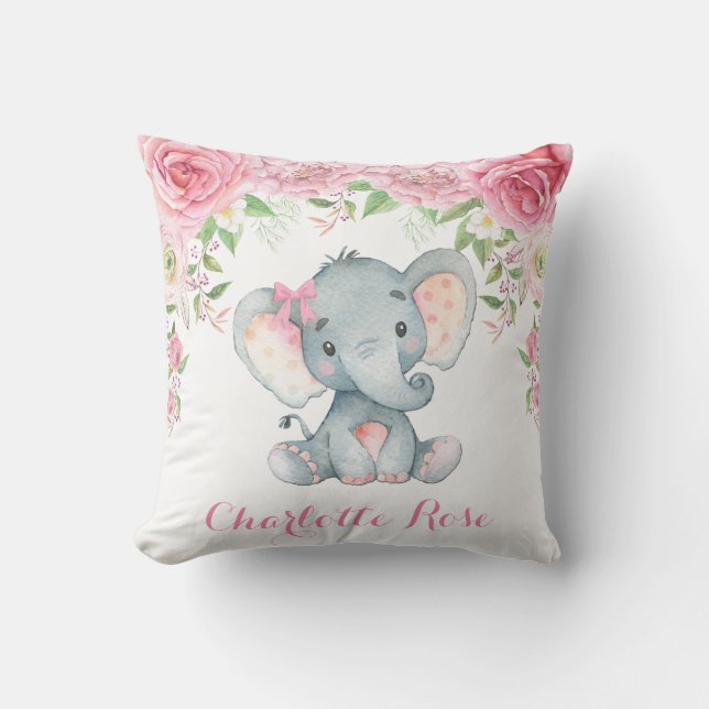 Elephant Pink Floral Roses Baby Girl Nursery Decor Throw Pillow (Front)
