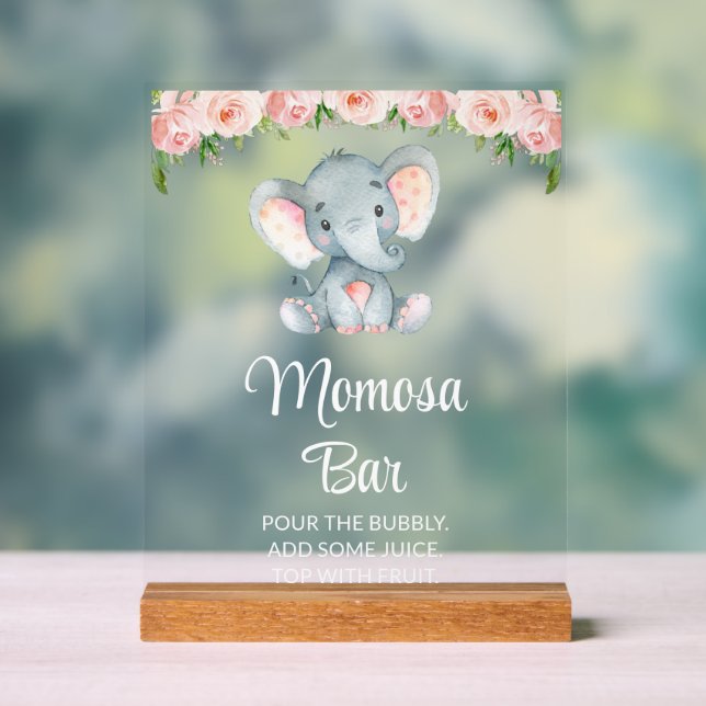 Elephant, Pink Flowers, Baby Shower Momosa Bar Acrylic Sign (Neutral)