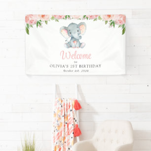 Elephant, Pink Flowers, First Birthday Welcome Banner