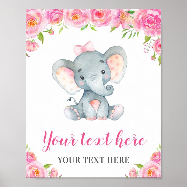 Elephant Pink Girl Baby Shower Sprinkle Birthday Poster (Front)