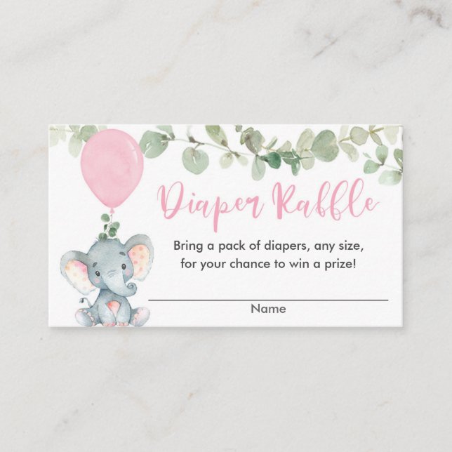 Elephant pink greenery girl shower diaper raffle enclosure card (Front)