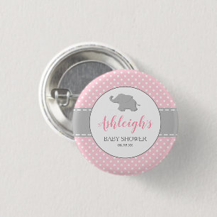 Elephant Pink Grey Polka Dot Girl Baby Shower 1 Inch Round Button