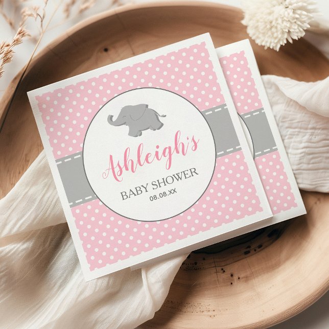 Elephant Pink Grey Polka Dot Girl Baby Shower Napkin (Creator Uploaded)