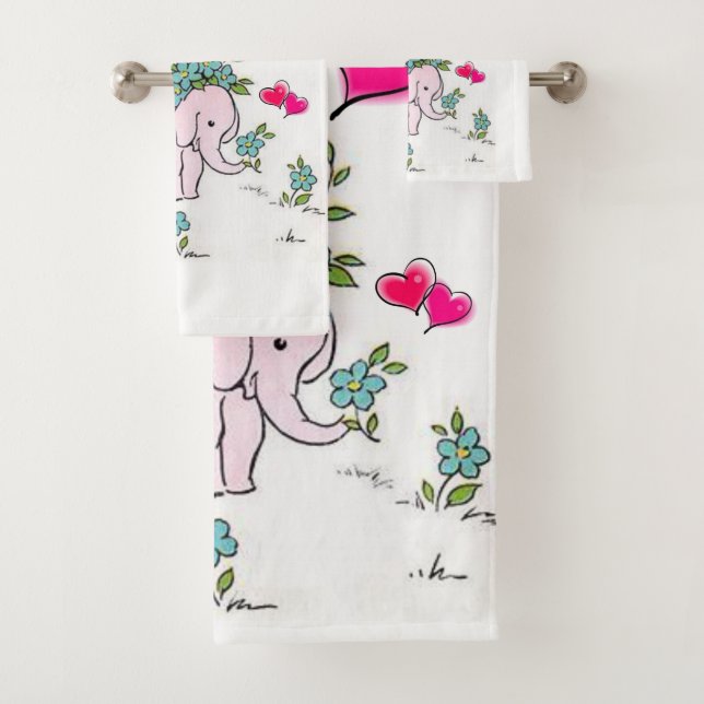 Elephant Pink Hearts Bathroom Towel Sets (Insitu)