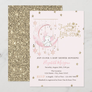 Elephant Pink Moon,Twinkle Star Baby Shower Invitation