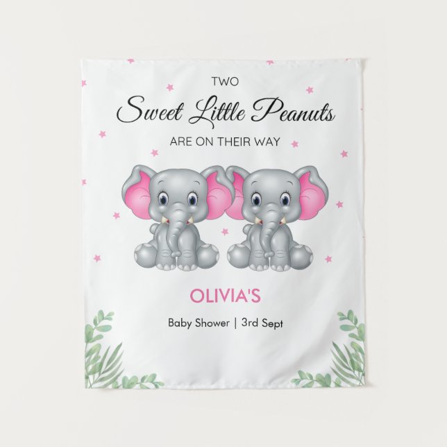 Elephant Pink Twin Girls Baby Shower Backdrop  Tapestry (Front)
