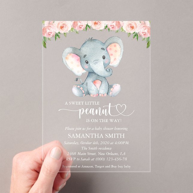 Elephant, Pink Watercolor Flowers, Baby Shower Acrylic Invitations (Insitu (Handheld))