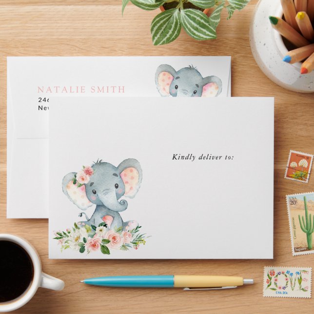 Elephant, Pink Watercolor Flowers, First Birthday Envelope (Desk)