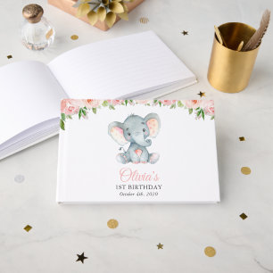 Elephant, Pink Watercolor Flowers, First Birthday Guest Book