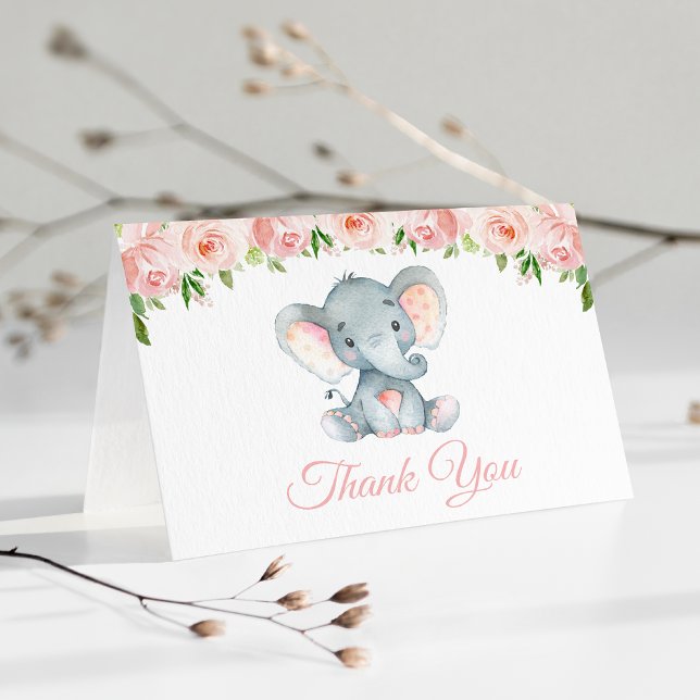 Elephant, Pink Watercolor Flowers, First Birthday Thank You Card (Creator Uploaded)