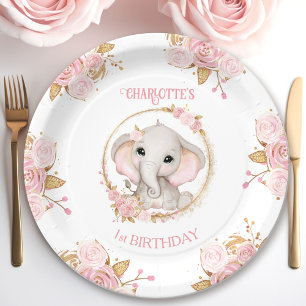 Elephant Pink White Floral Roses 1st Birthday Paper Plate