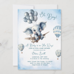 Elephant Plane Adventure Oh Boy Baby Shower  Invitation