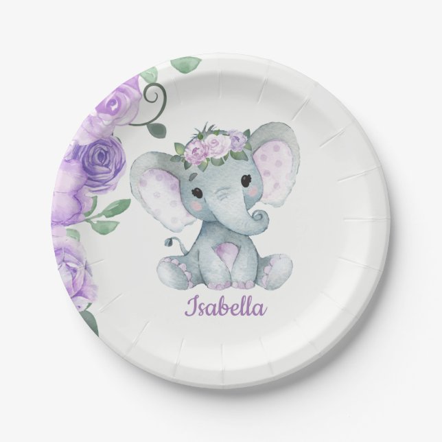 Elephant Plate for Baby Shower, Birthday, purple (Front)