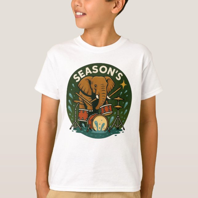  Elephant playing drums splashing water summer boy T-Shirt (Front)