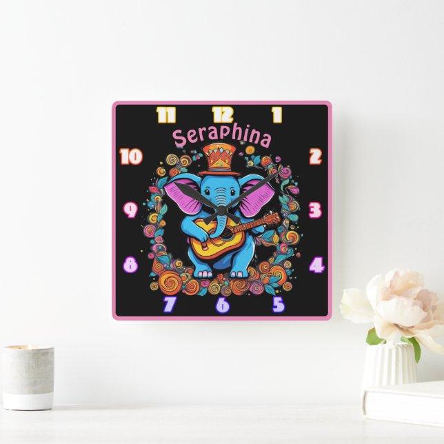 Elephant plays guitar in a flower field square wall clock (Home)