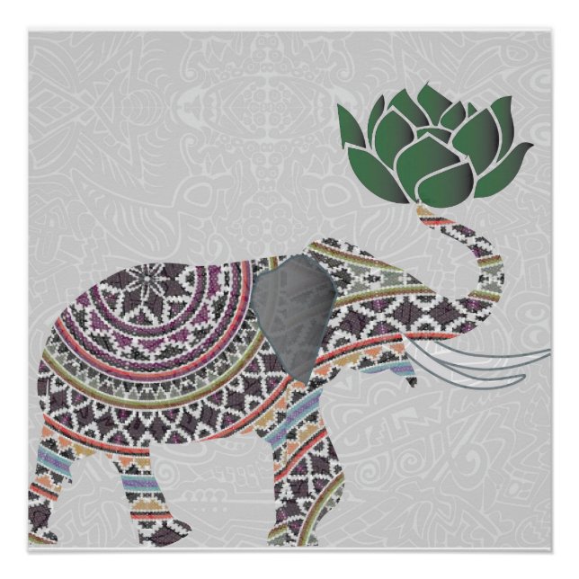Elephant Poster Indian Bohemian Design With Lotus (Front)