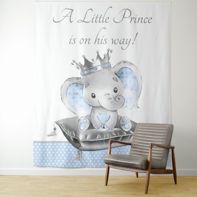 Elephant Prince Baby Shower Banner Backdrop Tapestry (In Situ)