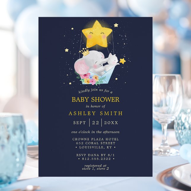 Elephant Prince Stars Navy Boy Baby Shower Invitation (Creator Uploaded)