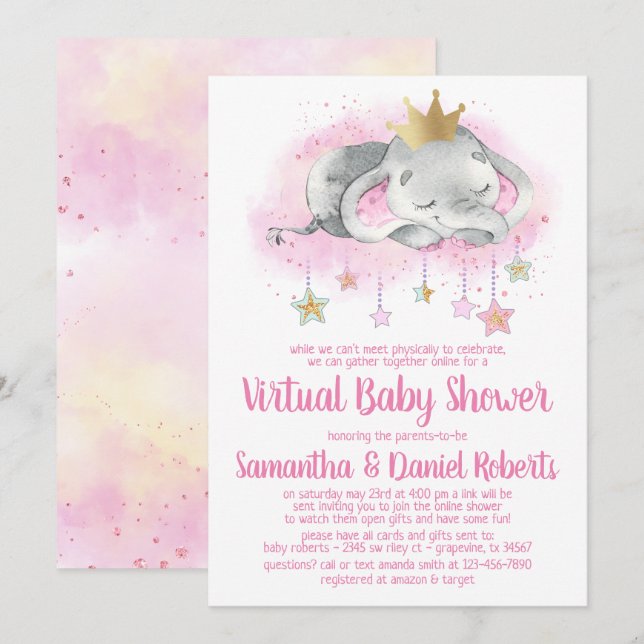 Elephant Princess Virtual Baby Shower Invitation (Front/Back)