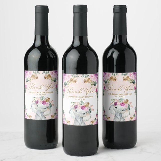 Elephant Purple Blush Tropical Flower Baby Shower Wine Label (Bottles)