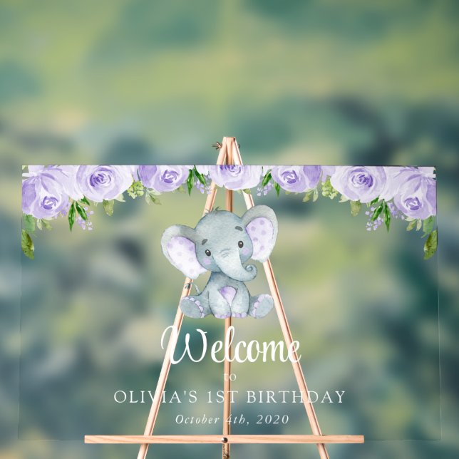 Elephant, Purple Flowers, First Birthday Welcome Acrylic Sign (Neutral)