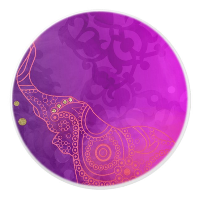 Elephant Purple Pink Orange & Gold Chic Glam Ceramic Knob (Front)