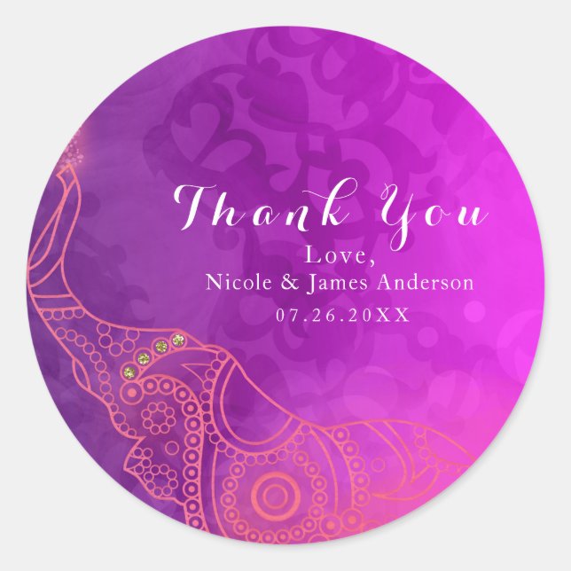 Elephant Purple Pink Orange & Gold Party Favour Classic Round Sticker (Front)