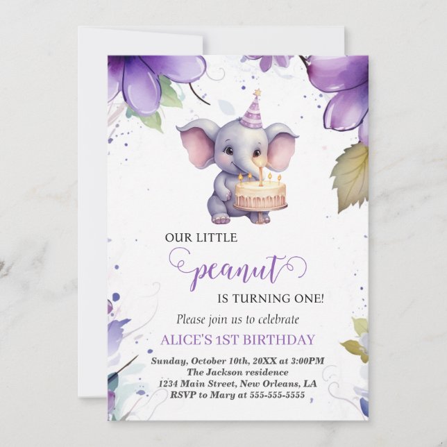 Elephant, Purple Watercolor Flower, First Birthday Invitation (Front)
