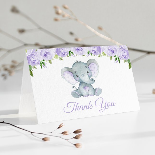 Elephant, Purple Watercolor Flowers, Baby Shower Thank You Card (Creator Uploaded)