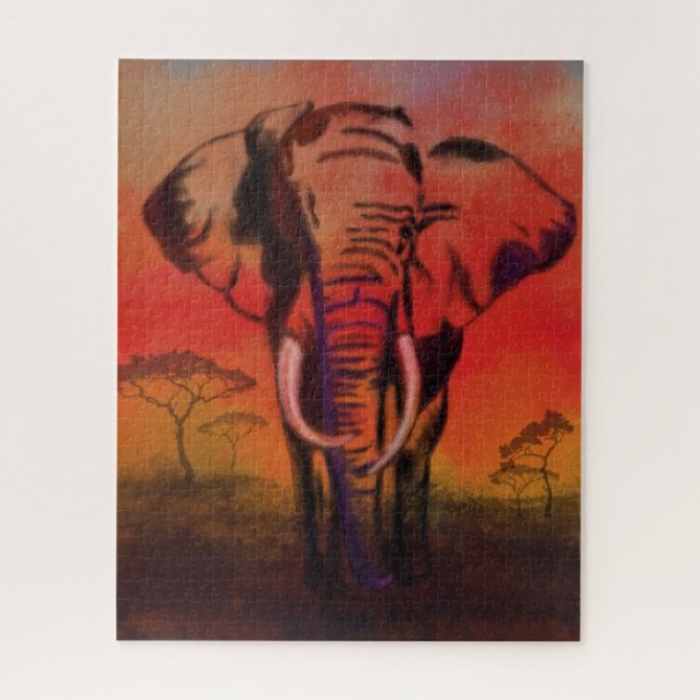 Eléphant Puzzle Coucher de soleil Savanna peinture (Vertical)