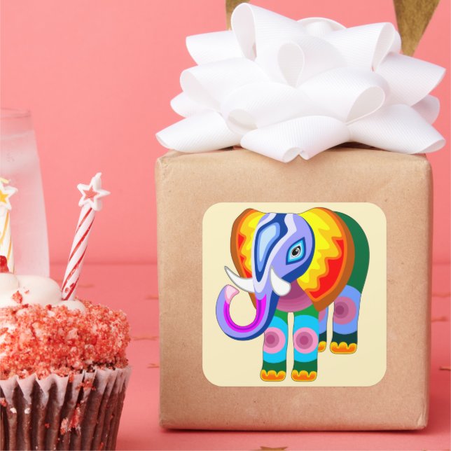 Elephant Rainbow Colors Patchwork Square Sticker (Party)