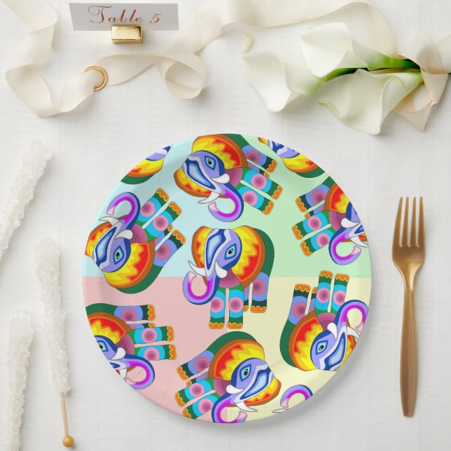 Elephant Rainbow Colours Patchwork Paper Plate (Wedding)
