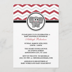 Elephant Red Grey Chevron Baby Shower Invitations