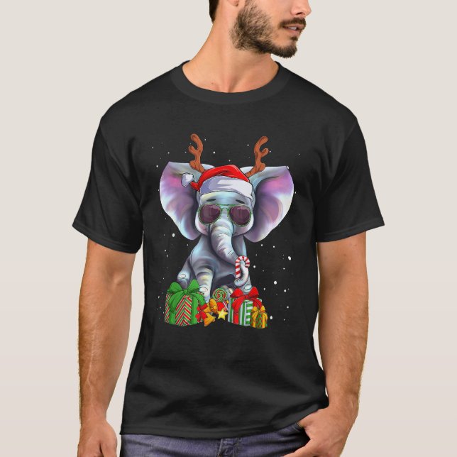 Elephant Reindeer Antlers Santa Hat Merry Christma T-Shirt (Front)