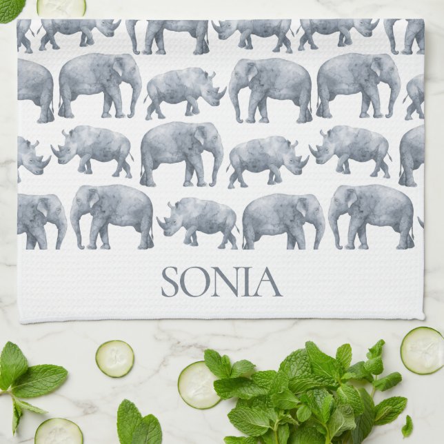 Elephant Rhino Watercolor pattern Kitchen Towel (Folded)