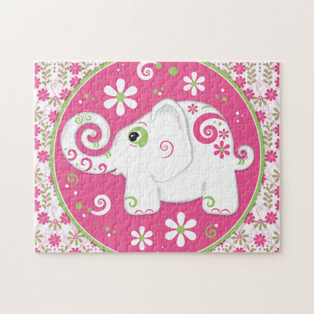 Eléphant rose et vert fantaisie et puzzle floral (Horizontal)