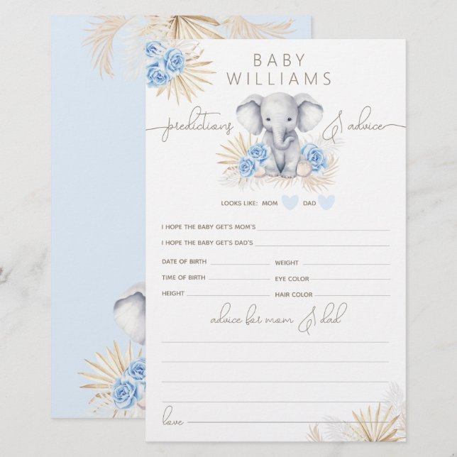 Elephant Safari Baby Shower Boy Prediction Game (Front/Back)
