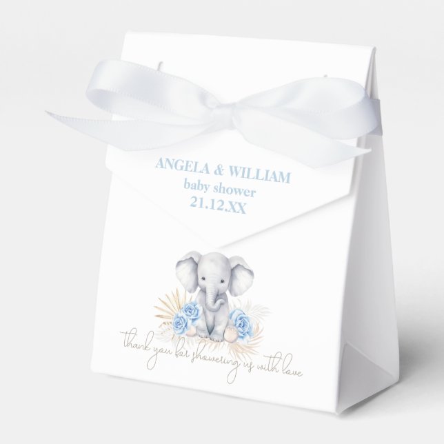 Elephant Safari Boho Blue Thanks Baby Shower Favor Box (Front Side)
