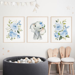 Elephant, Safari, Fleurs Bleues, Garçon Nursery
