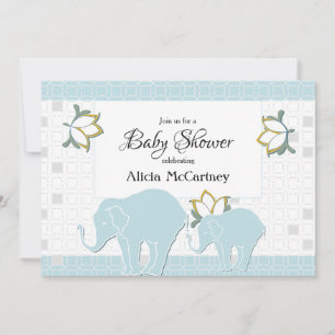 Elephant Safari Floral Blue & Grey Boy Baby Shower Invitation