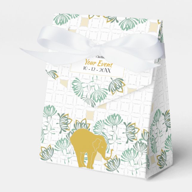 Elephant Safari Floral Green Gold | Baby Shower Favor Box (Front Side)