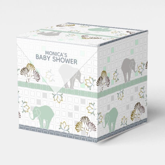 Elephant Safari Green | Baby Shower Favor Box (Front Side)