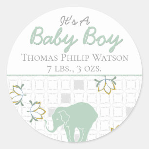 Elephant Safari Green Neutral   Birth Announcement Classic Round Sticker