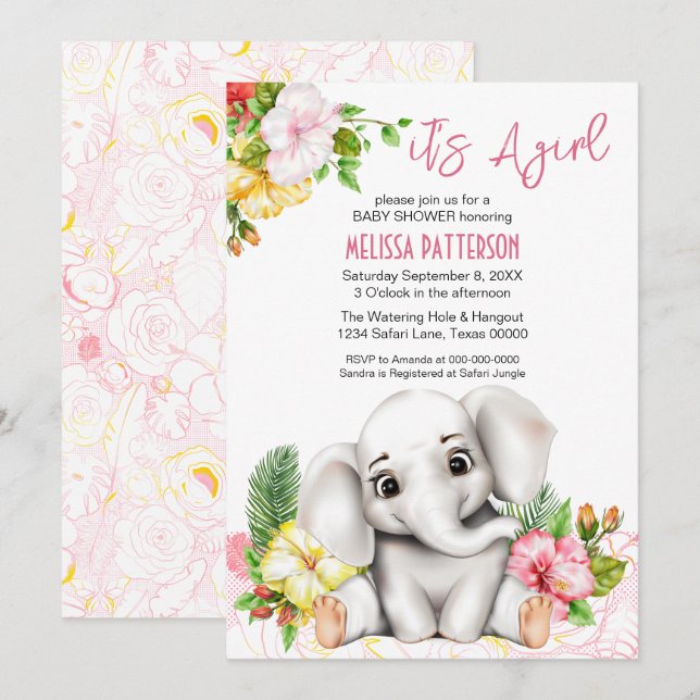 Elephant Safari Tropical Jungle Baby Shower Invitation (Front/Back)