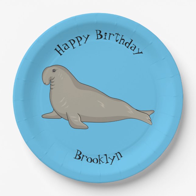 Elephant seal cartoon illustration paper plate (Front)
