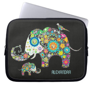 Elephant Shape Colourful Retro Flowers Laptop Sleeve