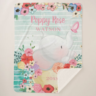 Elephant Sherpa Blanket with Flowers + Custom Name