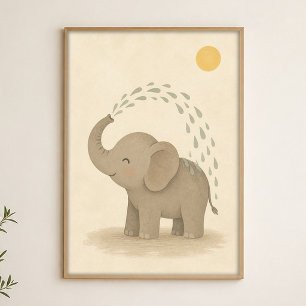 Elephant Shower Watercolour Whimsical Art Poster