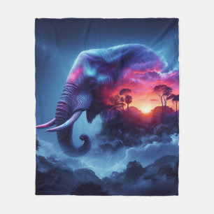 Elephant Silhouette Merged with Vibrant Sunset Fleece Blanket
